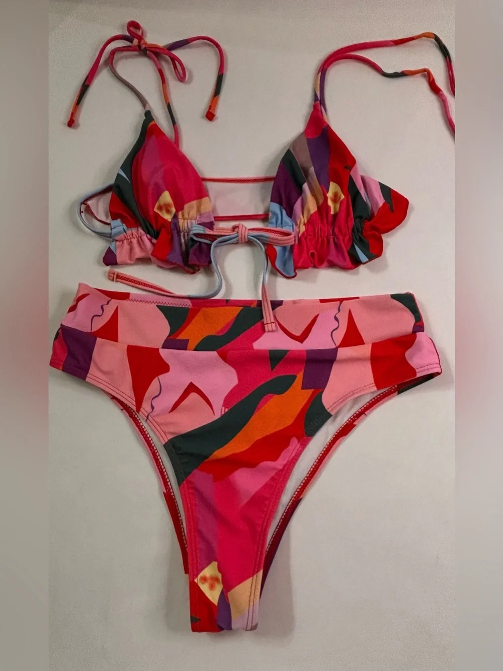 SHEIN Pink Red Multi-Color Abstract Print Two-Piece Bikini